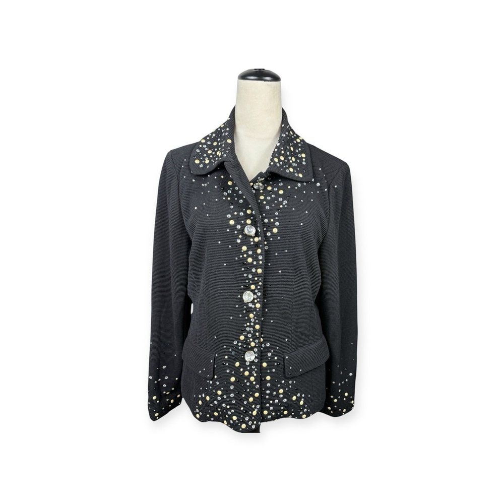 Joan Rivers Black Ribbed Rhinestone & Pearl Blazer Jacket Size Medium